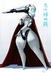  blue_eyes cape cony_(la_locura) drossel_von_flugel fireball_(series) full_body hand_on_own_face head_tilt highres looking_at_viewer red_cape robot robot_joints signature simple_background solo standing translation_request white_background 