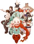  6+boys :d brown_hair cloak creature full_body heart heart_necklace kazue_kato looking_back monster multiple_boys multiple_girls official_art open_mouth red_scarf robo_to_usakichi scarf simple_background smile white_background white_hair 