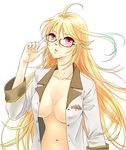 adjusting_eyewear ahoge blonde_hair breasts collarbone cosplay glasses gradient_hair green_eyes jacket jude_mathis jude_mathis_(cosplay) labcoat large_breasts long_hair lottalove milla_maxwell multicolored_hair naked_coat navel open_clothes open_jacket red_eyes solo tales_of_(series) tales_of_xillia tales_of_xillia_2 