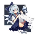  1girl bad_id bad_pixiv_id blue_background blue_eyes blue_hair blue_skirt bow cirno hair_bow ice knees_to_chest looking_at_viewer migihidari_(puwako) no_shoes puffy_short_sleeves puffy_sleeves ribbon short_hair short_sleeves simple_background skirt smile solo thighhighs touhou white_background 