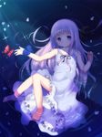  absurdres anyannko barefoot blue_eyes bug butterfly dress heterochromia highres insect long_hair original partially_submerged purple_eyes purple_hair shade solo water white_dress 