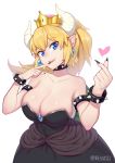  2018 absurdres armlet bangs bare_shoulders black_dress black_nails blonde_hair blue_earrings blue_eyes bowsette bracelet breasts cleavage collar collarbone crown dated dress earrings eyebrows_visible_through_hair fingernails grin heart highres horns huge_breasts jewelry large_breasts long_hair looking_at_viewer mario_(series) nail_polish new_super_mario_bros._u_deluxe pointy_ears ponytail sharp_fingernails shell shiny shiny_hair shiny_skin short_hair simple_background smile solo spiked_armlet spiked_bracelet spiked_collar spikes super_crown super_mario_bros. white_background yuanye 