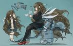  android brown_hair cup curly_hair ebimomo glasses grey_eyes high_heels long_hair mechanical_arm mechanical_wings microphone multiple_girls original pantyhose robot_joints school_uniform serafuku shoes sitting teacup teapot very_long_hair video_camera wings 