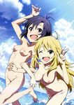  2girls absurdres ahoge blonde_hair blue_eyes blue_hair breasts cleavage cloud green_eyes happy hayashi_isao highres hoshii_miki idolmaster kikuchi_makoto long_hair multiple_girls nipples nude nude_filter photoshop pussy short_hair sky the_idolm@ster uncensored water wink 