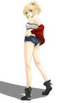  absurdres akashiro_sen ass blonde_hair boots cutoffs denim denim_shorts fate/apocrypha fate_(series) green_eyes hair_up highres jacket looking_back mordred_(fate) mordred_(fate)_(all) off_shoulder ponytail red_jacket short_shorts shorts solo strapless tubetop 