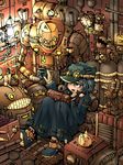  bad_id bad_pixiv_id blue_dress blue_eyes blue_hair bolt clock coffee_mug cup dress drink gauge gears gloves goggles hat kawashiro_nitori key knees_up light_bulb mug nut_(hardware) one_eye_covered pipes robot robot_joints roman_numerals short_hair sitting solo steampunk tamanegi_tarou touhou 