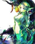  arms_up aulbath bad_id bad_pixiv_id blue_eyes breasts cattail expressionless from_side genderswap genderswap_(mtf) green_hair hair_censor hair_over_breasts head_fins long_hair looking_to_the_side medium_breasts mermaid midnight_bliss monster_girl nude plant shako solo tree vampire_(game) very_long_hair water wavy_hair wet 
