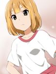  blonde_hair clothes_around_waist frown green_eyes gym_uniform highres ikari_manatsu jacket jacket_around_waist md5_mismatch short_hair solo tamako_market tokiwa_midori track_jacket 