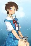  bad_id bad_pixiv_id blue_background blue_dress blue_eyes blush brown_hair cassette_player dress earphones genderswap genderswap_(mtf) ikari_shinji neck_ribbon neon_genesis_evangelion red_ribbon ribbon school_uniform shin-chan short_hair short_sleeves sitting solo zonana 