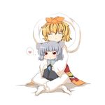  :&lt; ^_^ animal_ears bad_id bad_pixiv_id blonde_hair blush closed_eyes fuuen_(akagaminanoka) grey_hair heart hug hug_from_behind mouse_ears multiple_girls nazrin red_eyes short_hair simple_background smile toramaru_shou touhou white_background 