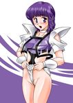  1girl 80s blush breasts choker flossing frontal_wedgie gabril kanazawa_kumiko looking_at_viewer nipples oldschool open_mouth purple_eyes purple_hair pussy see-through short_hair solo uncensored uniform wedgie wingman 