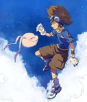  antennae bad_id bad_pixiv_id brown_eyes brown_hair cloud creature digimon digimon_adventure fangs gloves goggles goggles_on_head highres koromon kudou_akira shorts sly socks yagami_taichi 