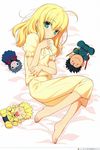  :&gt; :3 ahoge artoria_pendragon_(all) barefoot blonde_hair caster_(fate/zero) character_doll doll fate/stay_night fate/zero fate_(series) fetal_position full_body gilgamesh green_eyes highres lancer_(fate/zero) long_hair looking_at_viewer lying on_side pajamas plantar_flexion saber simple_background slim_legs solo takeuchi_takashi younger 
