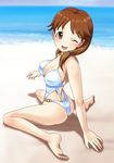  ;d ass barefoot beach blush breasts brown_eyes brown_hair casual_one-piece_swimsuit cleavage idolmaster idolmaster_cinderella_girls katagiri_sanae large_breasts long_hair looking_back low_twintails muhi11234 one-piece_swimsuit one_eye_closed open_mouth shiny shiny_skin sitting smile solo swimsuit twintails wariza 