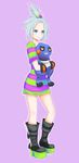  blue_eyes boots croagunk dress freckles full_body gen_4_pokemon hair_bobbles hair_ornament highres highvoltage homika_(pokemon) hug platform_footwear pokemon pokemon_(creature) pokemon_(game) pokemon_bw2 short_dress short_hair simple_background striped striped_dress topknot white_hair 