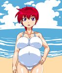  1girl beach breasts clothed cloud erect_nipples eye_shadow eyeshadow female genderswap getter kitsune-tsuki_(getter) large_breasts looking_at_viewer makeup navel nipples open_mouth outdoors outside ponytail pregnant purple_eyes ranma-chan ranma_1/2 red_hair saotome_ranma sky solo standing swimsuit water 