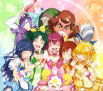  6+girls :d ^_^ afro akaooni aoki_reika bandaid bandaid_on_nose blonde_hair blue_hair blue_skirt bow bowtie brooch bruise candy_(smile_precure!) choker clenched_teeth closed_eyes creature crying cure_beauty cure_happy cure_march cure_peace cure_sunny double_v green_choker green_hair green_neckwear grin hairband hands_together happy highres hino_akane_(smile_precure!) hood hoshizora_miyuki injury jewelry joker_(smile_precure!) kise_yayoi long_hair majorina mask midorikawa_nao multicolored_hair multiple_boys multiple_girls open_mouth orange_skirt outstretched_arms outstretched_hand pink_bow pink_choker pink_hair pink_neckwear pink_skirt pointy_ears ponytail precure purple_hair rainbow_background red_hair red_skin sharp_teeth short_hair short_twintails skirt smile smile_precure! spread_arms tears teeth twintails ushiki_yoshitaka v werewolf white_hairband wolfrun yellow_sclera yellow_skirt 