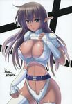  areola_slip areolae arshes_nei bastard!! belt blue_eyes bodysuit breasts brown_hair cameltoe cleavage dark_skin gloves highres large_breasts long_hair looking_at_viewer navel pointy_ears serious simple_background solo standing 
