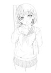  :o bag food greyscale hair_ornament hairclip haru_(matatabi_sanjou) highres kirigaya_suguha monochrome school_bag school_uniform serafuku skirt solo sweater sword_art_online 