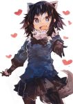  1girl :d absurdres animal_ears beckoning black_gloves black_hair black_legwear black_neckwear black_skirt blue_eyes blue_sweater bow bowtie commentary_request common_raccoon_(kemono_friends) extra_ears fang fur-trimmed_sleeves fur_collar fur_trim gloves grey_hair hair_between_eyes hand_up heart highres kaamin_(mariarose753) kemono_friends long_sleeves looking_at_viewer medium_hair multicolored_hair open_mouth outstretched_arms pantyhose raccoon_ears raccoon_tail reaching_out sidelocks simple_background skirt smile solo standing sweater tail upper_body white_background white_hair white_pupils 