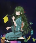  bubble crying ebimomo futakuchi-onna green_eyes green_hair hair_ornament hairclip highres japanese_clothes origami original paper paper_crane prehensile_hair seiza sitting solo tears youkai 