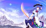  blue_hair boots cross-laced_footwear cross_(crossryou) dress food fruit hand_on_headwear hat highres hinanawi_tenshi long_hair mountain peach red_eyes solo sword_of_hisou touhou 
