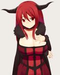  blush breast_hold breasts cleavage dress fur_trim grey_background hand_on_own_chest highres horns large_breasts long_hair long_sleeves maou_(maoyuu) maoyuu_maou_yuusha red_eyes red_hair sawati sidelocks smile solo transparent_background 
