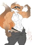  abs anthro biceps boxers canine chest_tuft claws clothed clothing dullvivid eyewear fangs fists flexing fox fur goggles green_eyes half-dressed invalid_tag male mammal muscles navel orange_fur pants pecs pose shorts solo topless tuft underwear vein veins white_fur 