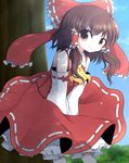  ascot bad_id bad_pixiv_id bow brown_eyes brown_hair colorized detached_sleeves fuuen_(akagaminanoka) hair_bow hair_tubes hakurei_reimu highres smile solo touhou v_arms 