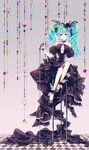 aqua_eyes aqua_hair breasts center_opening checkered checkered_floor choker cleavage dress flower hair_flower hair_ornament hairclip hatsune_miku highres large_breasts long_hair microphone microphone_stand sitting solo soso stool twintails vocaloid 