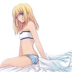  1girl ass back bandeau bed bed_sheet blonde_hair blue_eyes camisole fate/apocrypha fate_(series) flat_chest green_eyes ladymarta long_hair mordred panties pillow saber_of_red sitting small_breasts solo striped striped_panties trefoil tubetop tusia underwear underwear_only 