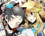  1girl animal_ears black_hair blonde_hair blush cat_ears coat gloves jude_mathis long_hair milla_maxwell open_mouth red_eyes sinsimo tales_of_(series) tales_of_xillia tales_of_xillia_2 