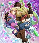  blonde_hair bola_(weapon) brown_hair bubble caesar_anthonio_zeppeli facial_mark feathers fingerless_gloves gloves green_eyes hair_feathers headband jacket jojo_no_kimyou_na_bouken joseph_joestar_(young) multiple_boys one_eye_closed scarf yun_(neo) 