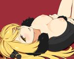  agemono bangs blonde_hair blush bottomless breasts crossed_arms fur_trim grin hair_between_eyes hair_ornament hair_over_one_eye hair_spread_out large_breasts legs_up long_hair looking_at_viewer lying nipples no_bra oekaki on_back open_clothes parted_lips pokemon pubic_hair puffy_nipples red_background seductive_smile shirona_(pokemon) simple_background smile solo thigh_gap yellow_eyes 