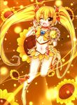  ;d bad_id bad_pixiv_id blonde_hair blush boots bow brooch brown_background choker cure_sunshine floral_background flower full_body hair_ribbon heart heartcatch_precure! highres i-da instrument jewelry knee_boots light_particles long_hair magical_girl midriff miniskirt myoudouin_itsuki navel one_eye_closed open_mouth orange_bow orange_choker precure ribbon shiny_tambourine skirt smile solo sunflower tambourine twintails wrist_cuffs yellow yellow_bow yellow_eyes 