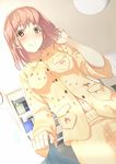  bad_id bad_pixiv_id blush bookshelf brown_eyes brown_hair error from_below hand_in_hair kinugasa_yuuichi looking_at_viewer looking_down navel original pajamas short_hair smile solo 