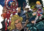  6+boys andromeda_shun armor avengers black_widow bruce_banner captain_america clint_barton crossover cygnus_hyouga dragon_shiryuu full_armor hawkeye_(marvel) hulk iron_man loki_(marvel) long_hair marvel multiple_boys multiple_girls natasha_romanoff pegasus_seiya phoenix_ikki saint_seiya shield short_hair steve_rogers thor_(marvel) zaionic 