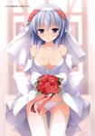  absurdres blue_eyes blue_hair bouquet breasts bridal_veil cleavage dress dress_lift flower hair_flower hair_ornament headband highres imouto_no_katachi medium_breasts meta_(imouto_no_katachi) mutou_kurihito no_bra off_shoulder panties rose solo thigh_gap thighhighs underwear veil wedding_dress white_legwear white_panties 