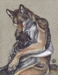  ambiguous_gender anthro black_fur blotch canine duo female fur hug mammal nude tan_fur unknown_artist unknown_artist_signature wolf yellow_eyes 