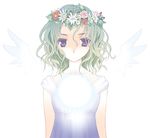  blue_eyes character_request colored_eyelashes copyright_request curly_hair daisy detached_wings flower flower_wreath green_hair hair_between_eyes head_wreath looking_at_viewer no_mouth short_hair solo takigawa_yuu upper_body white_background white_wings wings 