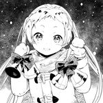  bell bow chuunibyou_demo_koi_ga_shitai! coat dekomori_sanae greyscale long_hair looking_at_viewer mittens monochrome open_mouth scarf smile snow solo twintails very_long_hair watarai_keiji 