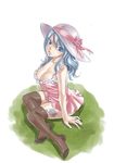  bad_id bad_twitter_id blue_eyes blue_hair breasts cleavage dress fairy_tail feet hat hat_ribbon juvia_lockser large_breasts long_hair looking_at_viewer mashima_hiro official_art parted_lips ribbon short_dress sitting solo tattoo thighhighs 
