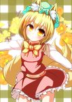  animal_ears blonde_hair bow chen chen_(cosplay) commentary_request cosplay flower fox_ears fox_tail hat long_sleeves looking_at_viewer merry_(diameri) midriff multiple_tails outstretched_arms shirt skirt skirt_set smile solo tail touhou vest yakumo_ran yellow_eyes younger 