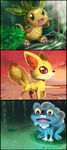  chespin cloud creature fennekin froakie gen_6_pokemon highres jiayi no_humans pokemon pokemon_(creature) pokemon_(game) pokemon_xy pond signature star watertree 