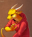  brown_background claws clothed clothing dragon falvie fangs hoodie horn lizard male plain_background pointy_ears reptile scalie simple_background solo yellow_body yellow_eyes yellow_scales 
