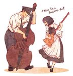  1girl apron black_hair broom closed_eyes double_bass english hat instrument maid mary_janes music musical_note necktie original playing_instrument shoes short_hair smile terrajin traditional_media uniform waist_apron white_legwear 
