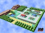  cel_shading chimney drew108 fence flower grass house mountain no_humans pokemon pokemon_(game) pokemon_center pokemon_frlg pokemon_mart pond scenery signature tree water 