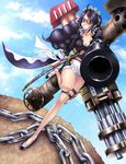  aiming_at_viewer arm_blade arm_cannon baby_5 bazooka belt black_hair breasts brown_eyes buckle buffalo_(one_piece) chain cigarette cleavage clenched_teeth cloud day dutch_angle gatling_gun goggles grass gun highres holding holding_gun holding_weapon katana leg_belt long_hair long_legs maazyu maid maid_headdress mask medium_breasts one_piece serious sheath sheathed smoke solo_focus standing_on_person sword teeth weapon 