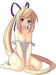  bare_shoulders blonde_hair blush breasts cleavage copyright_request hair_ribbon long_hair medium_breasts off_shoulder one-piece_swimsuit open_mouth ponytail ribbon sikorsky simple_background sitting sketch solo swimsuit swimsuit_pull wariza white_background 