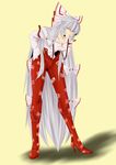  alternate_footwear arm_belt bow breasts cigarette cleavage fujiwara_no_mokou hair_bow hair_ribbon hands_in_pockets high_heels highres leaning_forward long_hair medium_breasts pants red_eyes ribbon shoes solo suspenders touhou versapro very_long_hair white_hair 